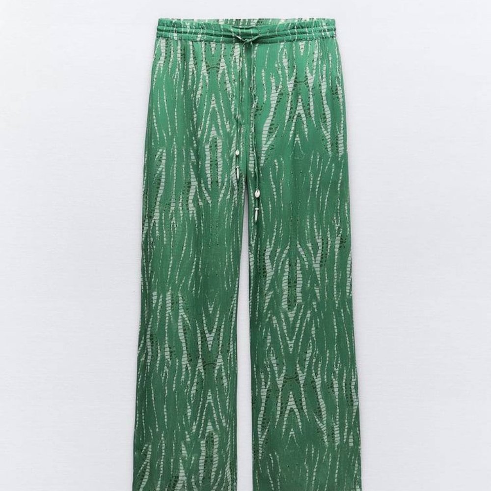 $70 NWT ZARA Printed Green Mid Drawstring Viscose Beach Coverup Pants